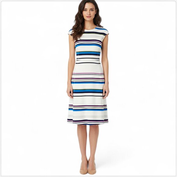 St. John Gia Stripe Knit Cap Sleeve Dress White Multicolor Summer NWT New 10 - Picture 1 of 7